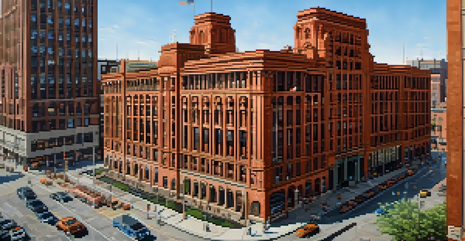 An aerial view of the Guaranty Building in Buffalo, surrounded by the cityscape and blue sky.