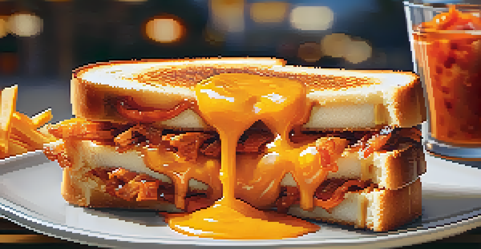 A detailed close-up of a gourmet grilled cheese sandwich with melted cheese and spicy kimchi fries on a plate.
