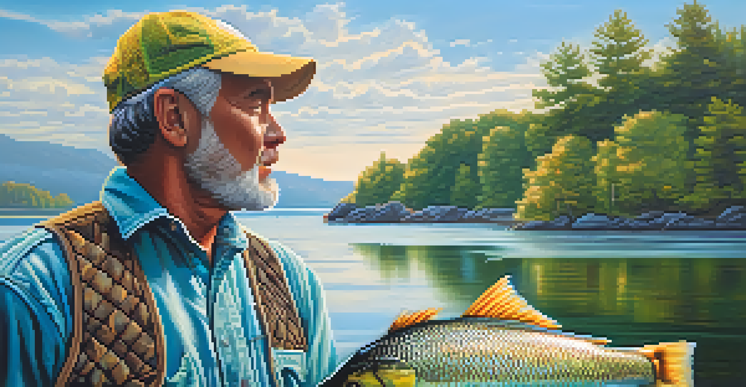 A fisherman proudly displaying a freshly caught fish against the backdrop of Lake Erie.