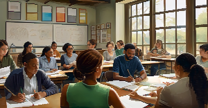 A diverse group of adult learners in a bright classroom, engaged in discussion and learning together.