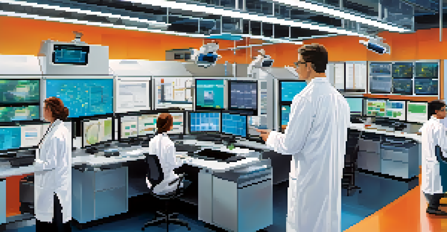 A modern research lab in Buffalo with scientists collaborating on medical technology, surrounded by high-tech equipment and bright screens.