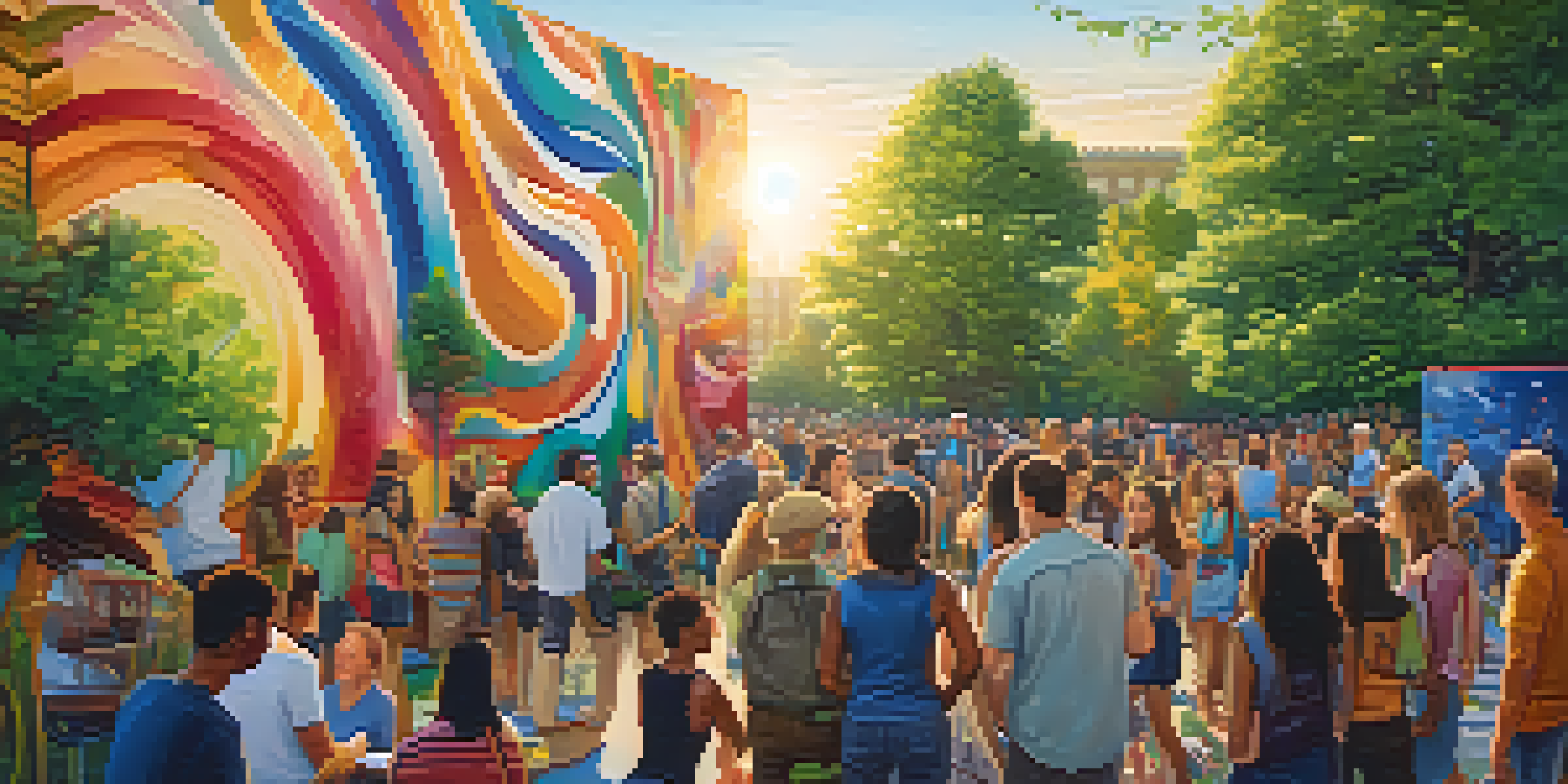 A lively outdoor art exhibition in Buffalo with artists creating large murals and people engaging with the art.
