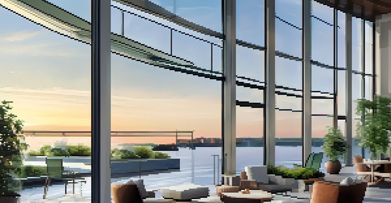 A modern waterfront condominium overlooking Lake Erie, with stylish outdoor furniture and a beautiful sunset.