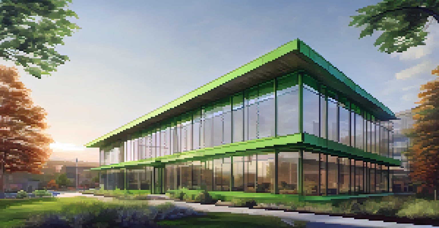 A contemporary green building in Buffalo with a green roof and energy-efficient features, surrounded by lush landscaping and soft morning light.
