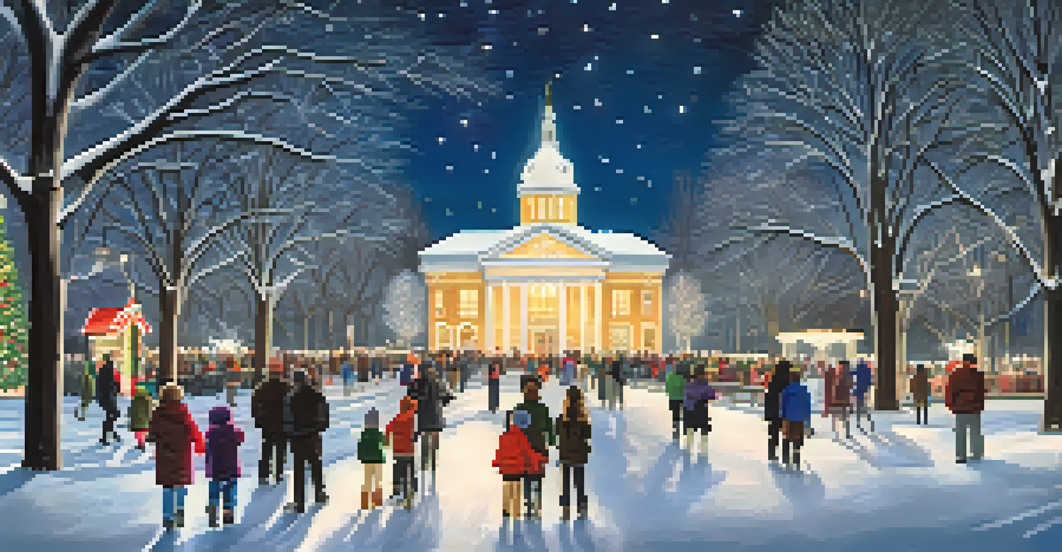 A beautiful winter park scene filled with sparkling lights and families enjoying the holiday spirit in a snowy environment.