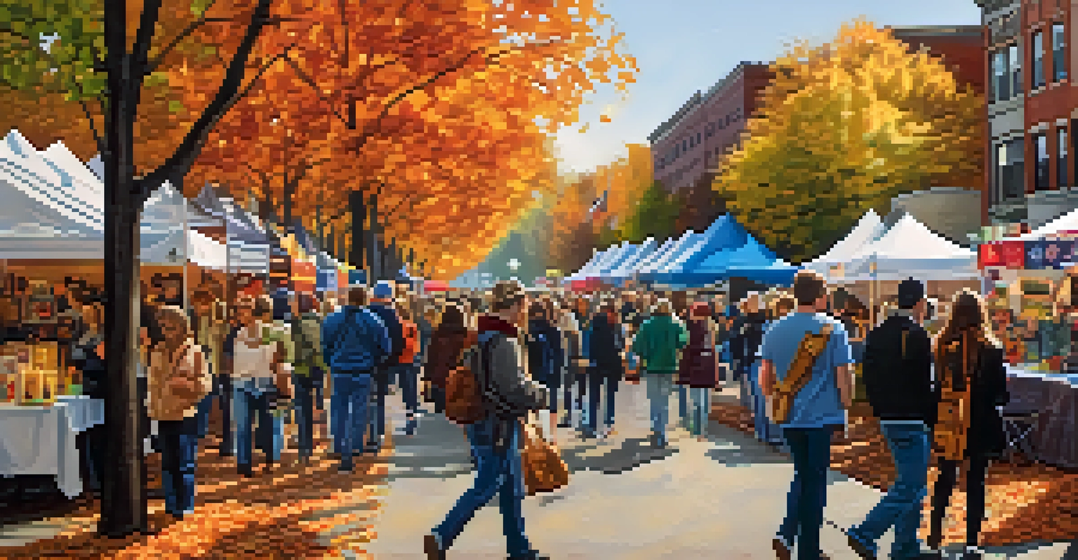 A vibrant street scene during the Allentown Art Festival showcasing artists, autumn leaves, and attendees enjoying the creativity.