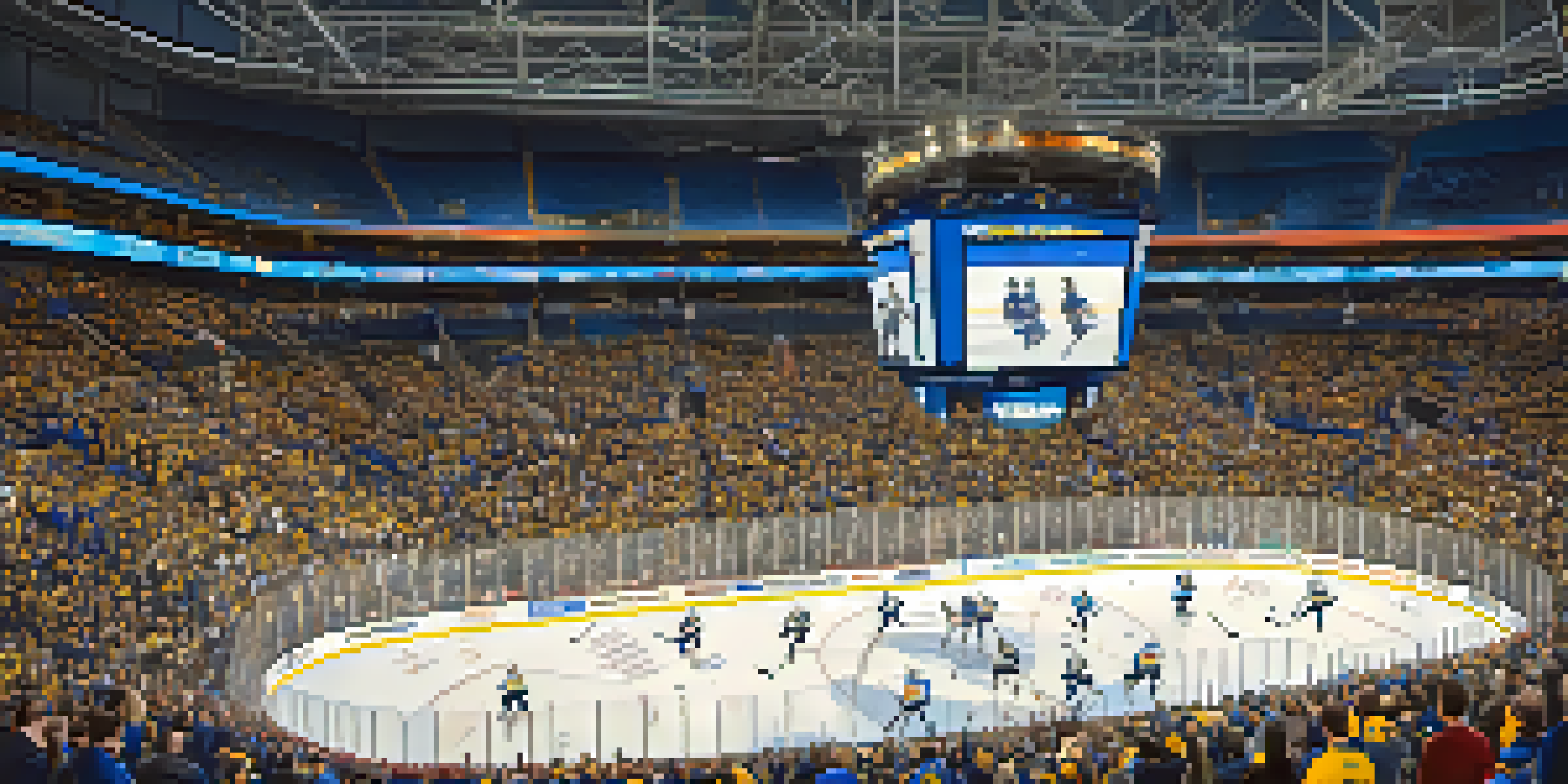A lively hockey game at KeyBank Center with fans in blue and gold cheering for the Buffalo Sabres, and players on the ice.