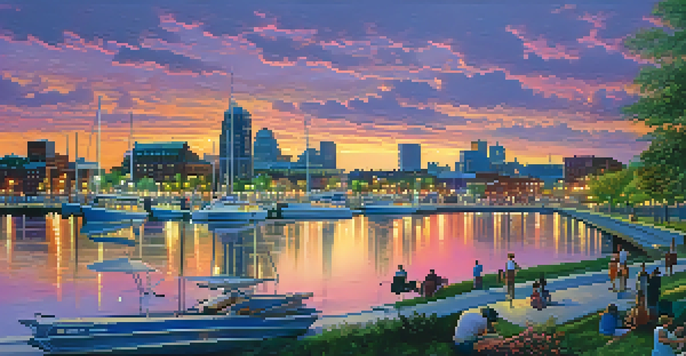 A scenic sunset view of Buffalo's waterfront, with people engaging in activities and boats on the lake, against a colorful sky and city skyline.