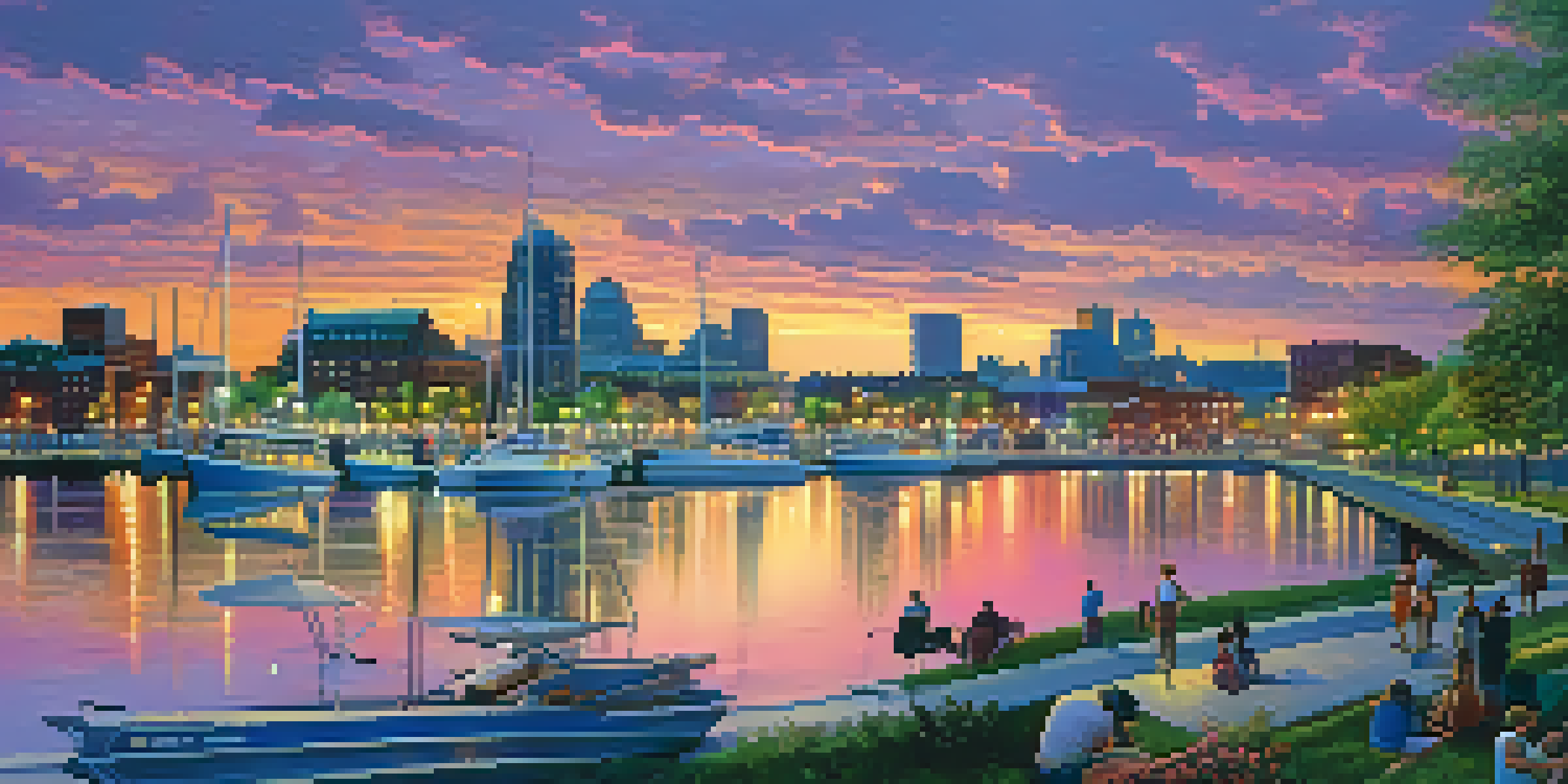 A scenic sunset view of Buffalo's waterfront, with people engaging in activities and boats on the lake, against a colorful sky and city skyline.