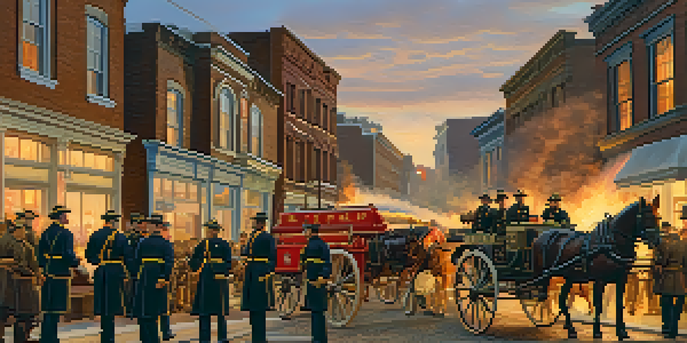 A group of early firefighters in period uniforms pulling a horse-drawn fire engine through a 19th century Buffalo street with historic buildings in the background.