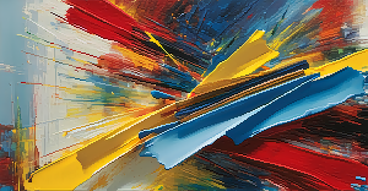 A close-up view of a vibrant abstract expressionist painting showcasing bold colors and rich textures under soft lighting.