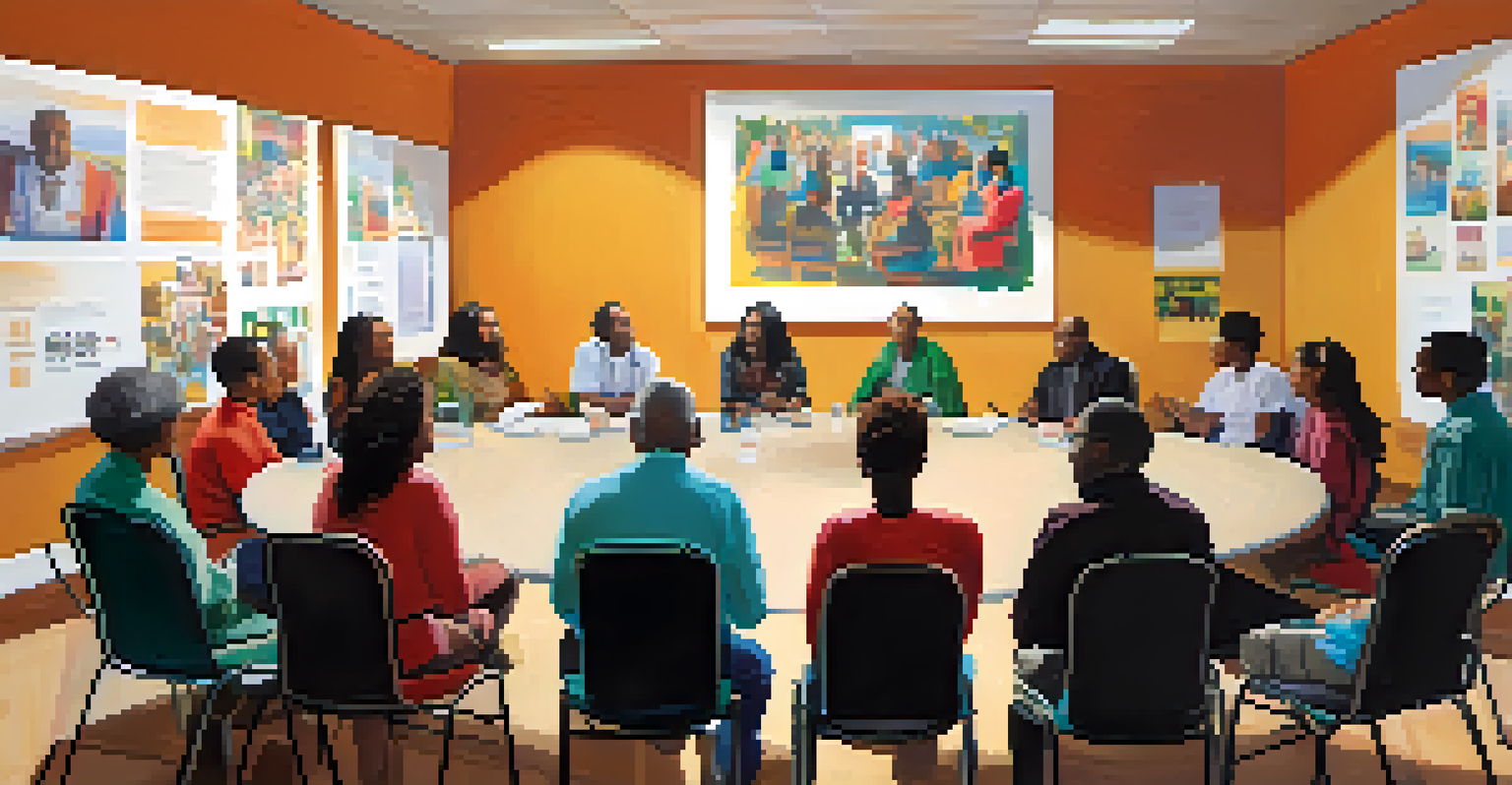 A community support group meeting with participants sharing their experiences in a warm environment.