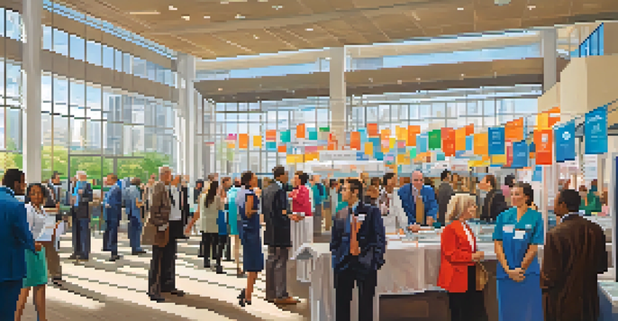 A healthcare job fair in Buffalo with diverse job seekers and representatives at colorful booths, illuminated by soft natural light.