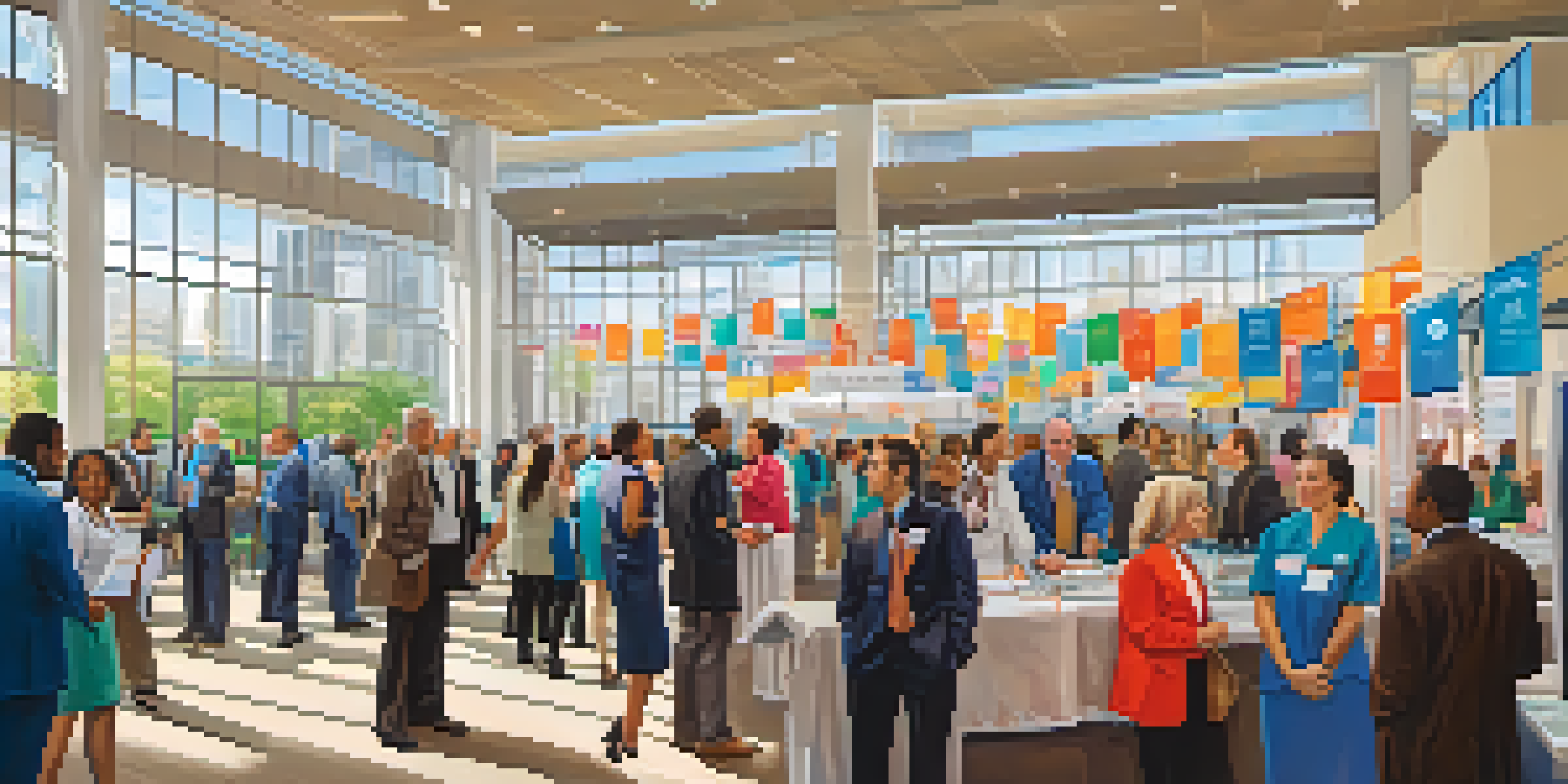 A healthcare job fair in Buffalo with diverse job seekers and representatives at colorful booths, illuminated by soft natural light.