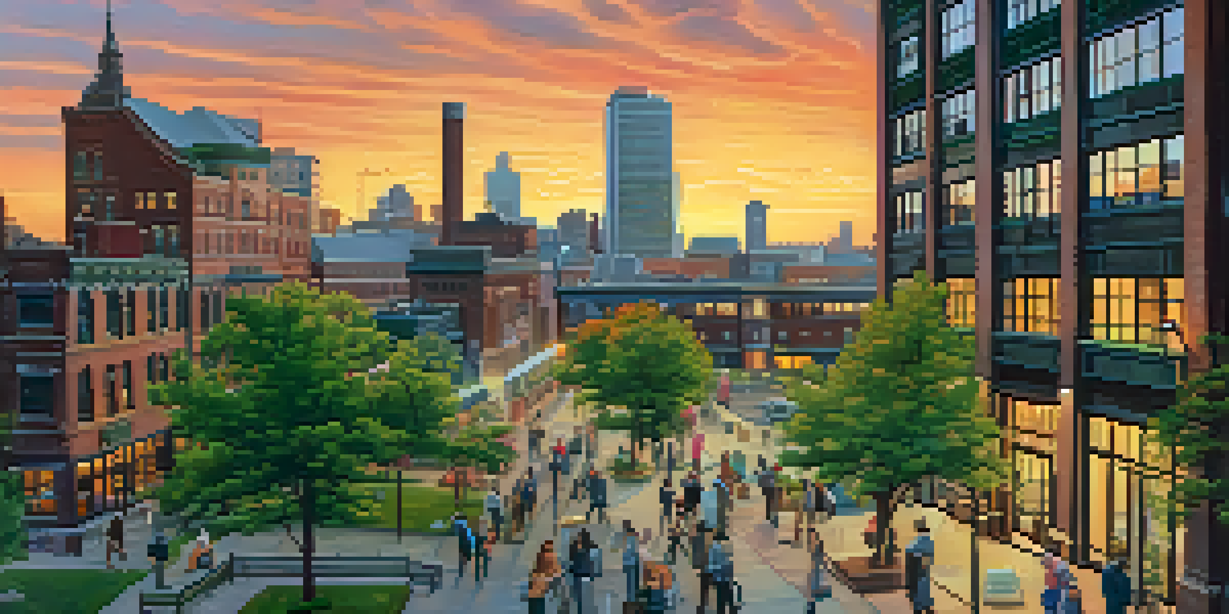 A vibrant urban scene in Buffalo with professionals discussing technology against a backdrop of historical and modern buildings during sunset.