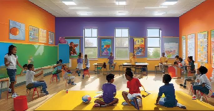 A lively after-school program scene showing students engaged in painting, sports, and reading, with teachers assisting them in a colorful classroom.
