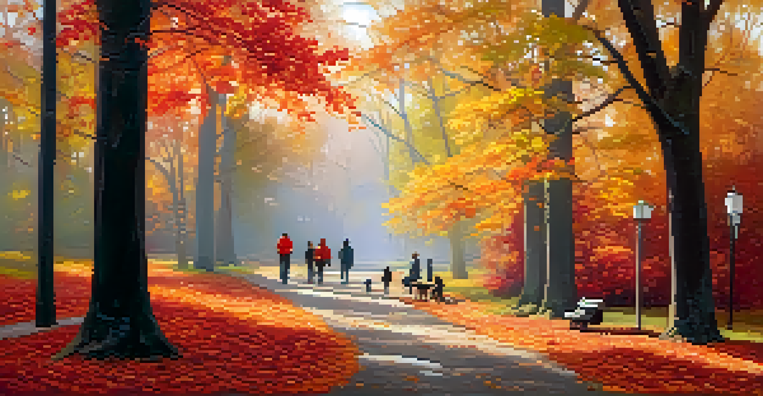A family collecting acorns in a Buffalo park surrounded by colorful fall foliage.