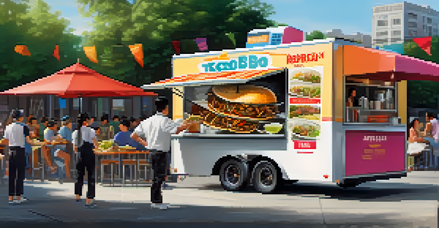 A chef preparing Korean BBQ tacos at a colorful food truck, with customers in the background enjoying the food festival.