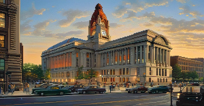 A sunset view of Buffalo's City Hall, highlighting its Art Deco design and clock tower, with people in the foreground.