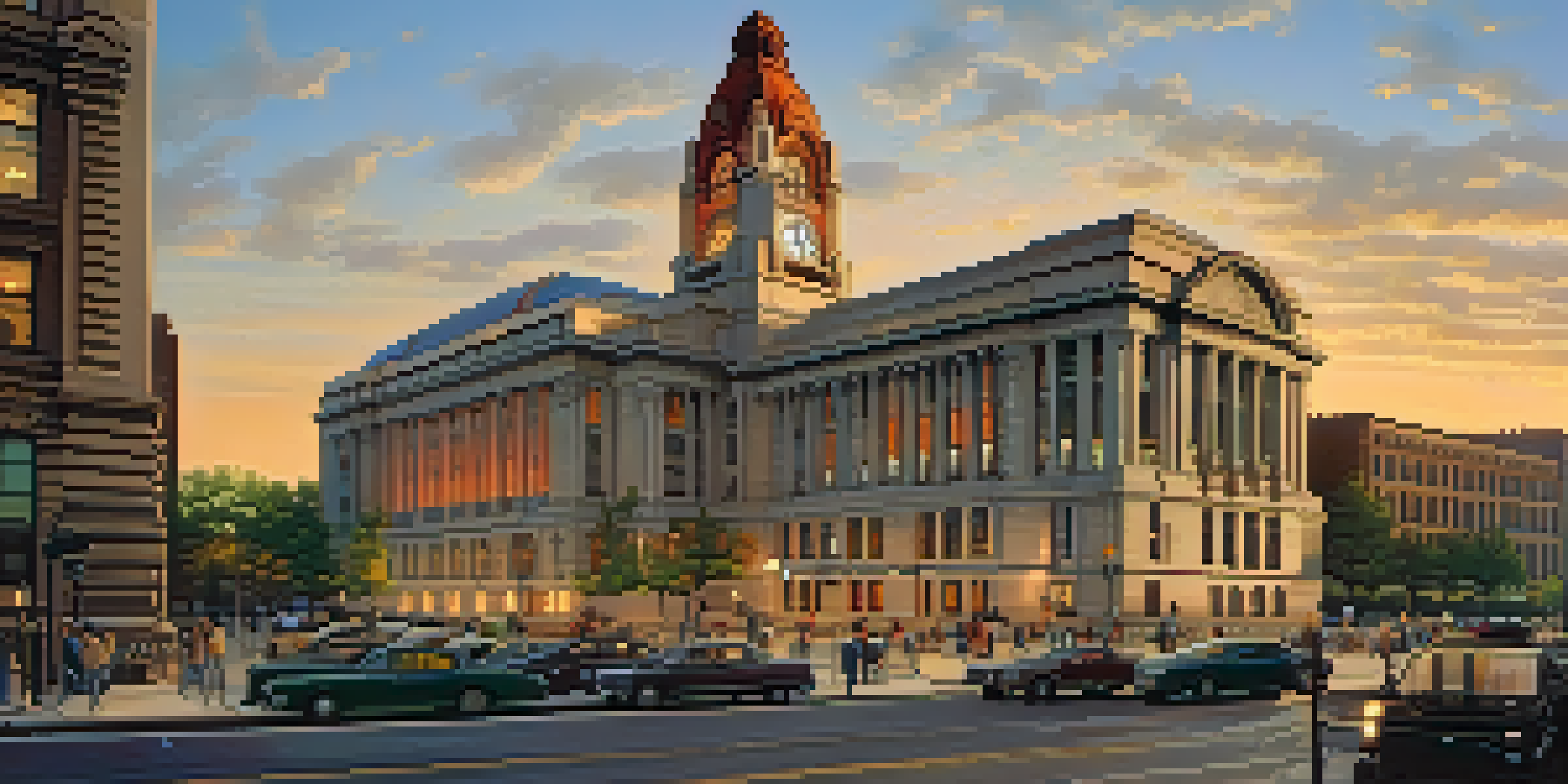 A sunset view of Buffalo's City Hall, highlighting its Art Deco design and clock tower, with people in the foreground.