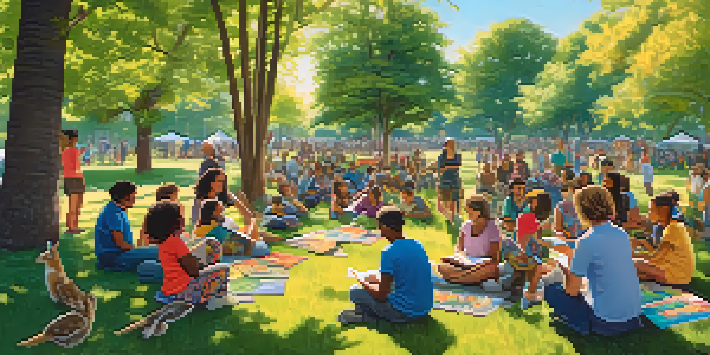 A diverse group of people participating in a wildlife conservation workshop in a sunny park, surrounded by nature and educational materials.