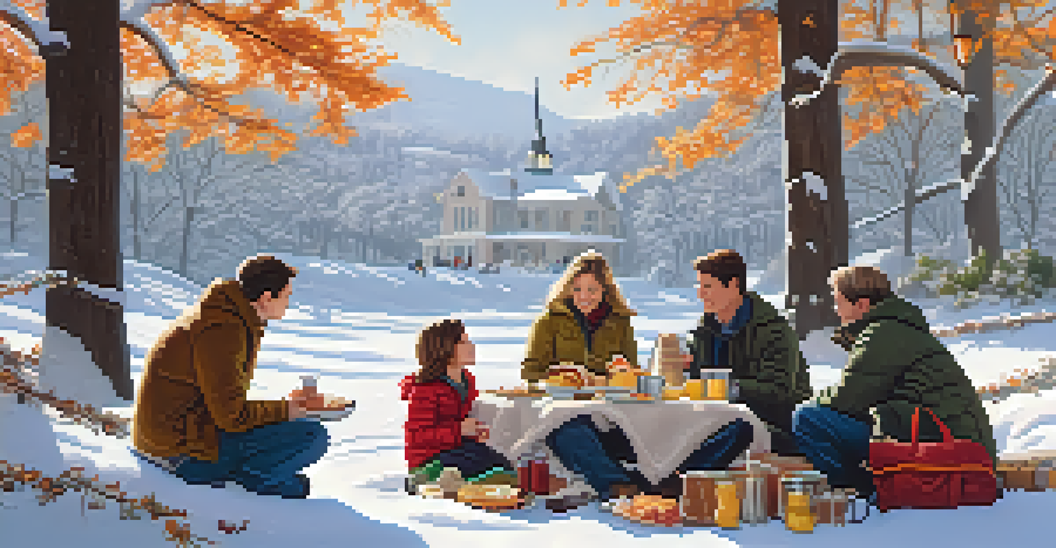A family enjoying a winter picnic on a blanket in a snowy park, surrounded by trees.