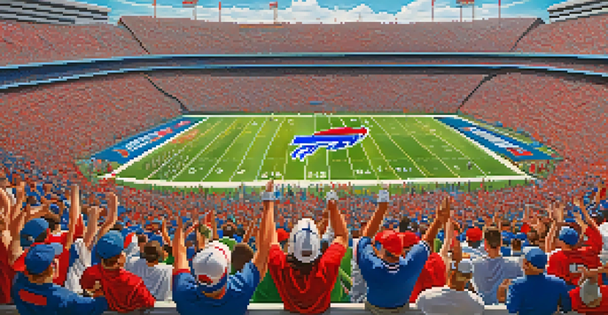 A lively Buffalo Bills game day with fans in blue and red jerseys cheering in a packed stadium under a clear blue sky.
