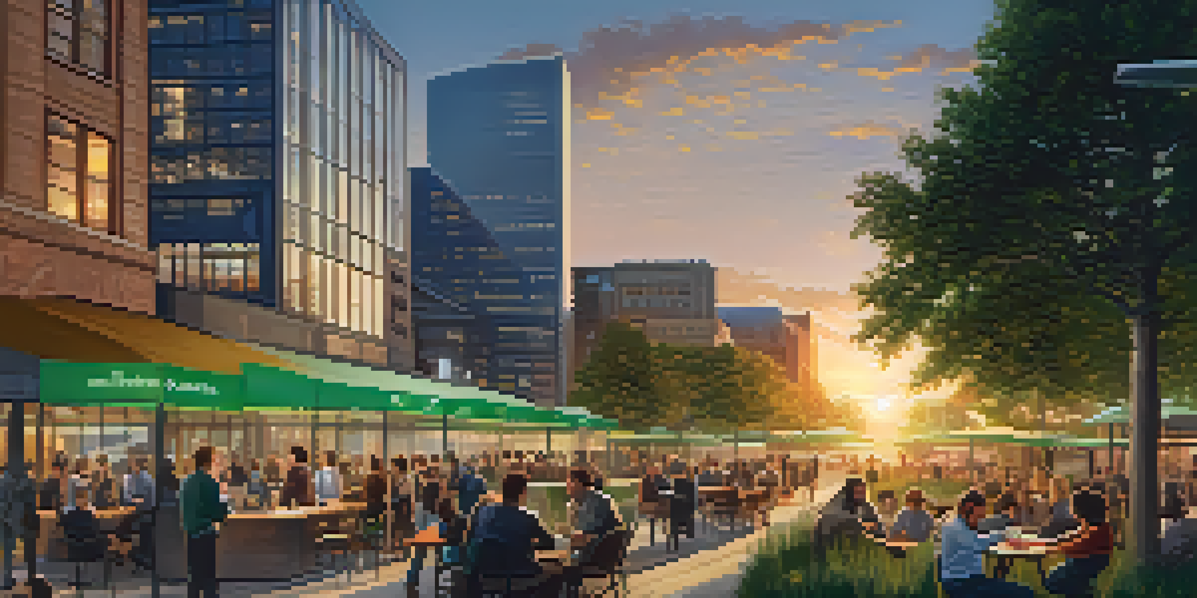 A vibrant tech hub in Buffalo with modern buildings, diverse professionals collaborating outdoors during sunset.