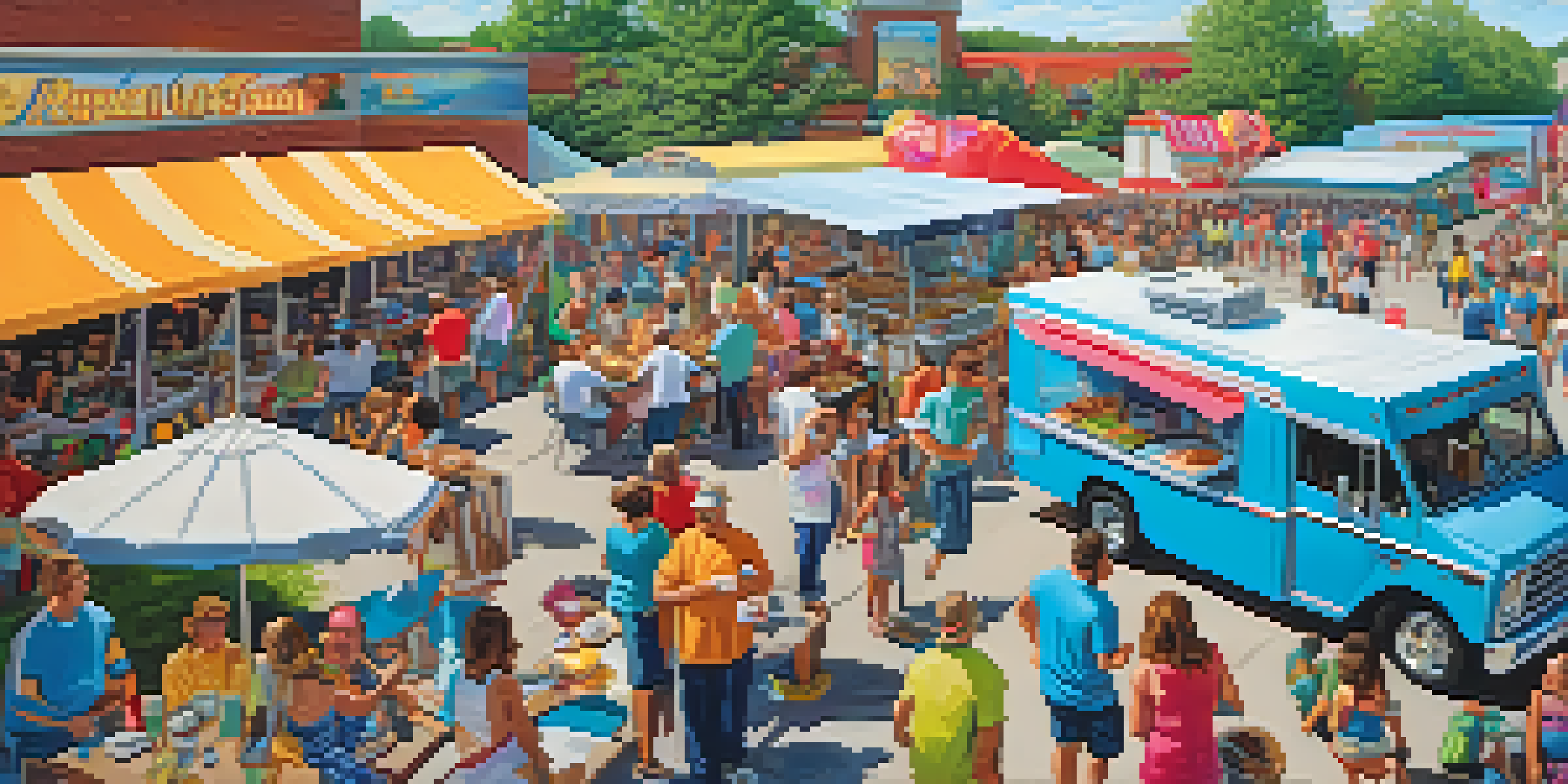 A lively outdoor festival with various food trucks serving colorful dishes, people enjoying food at picnic tables under sunny skies.