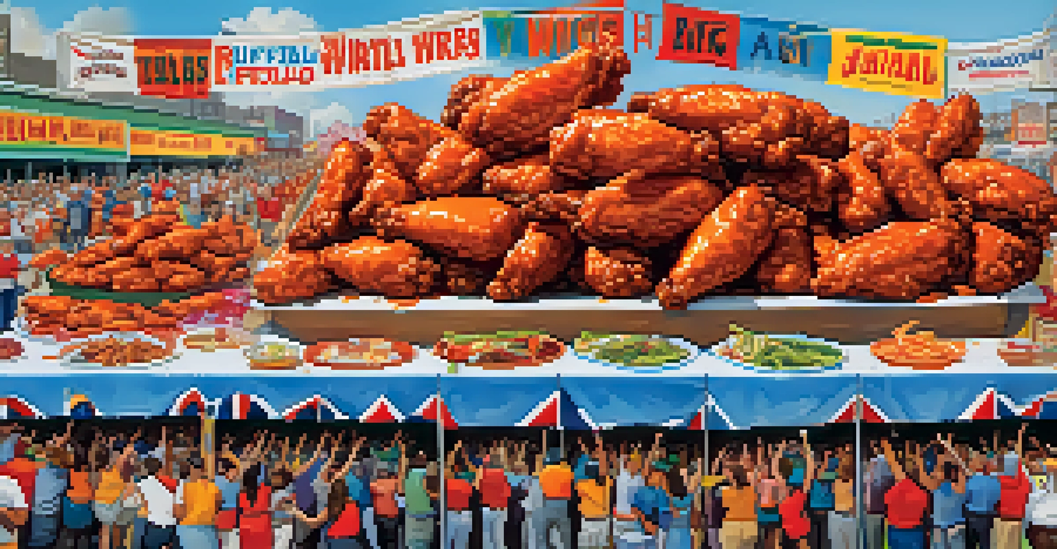 A festive scene showcasing a table of buffalo wings with a cheering crowd and colorful banners in the background.