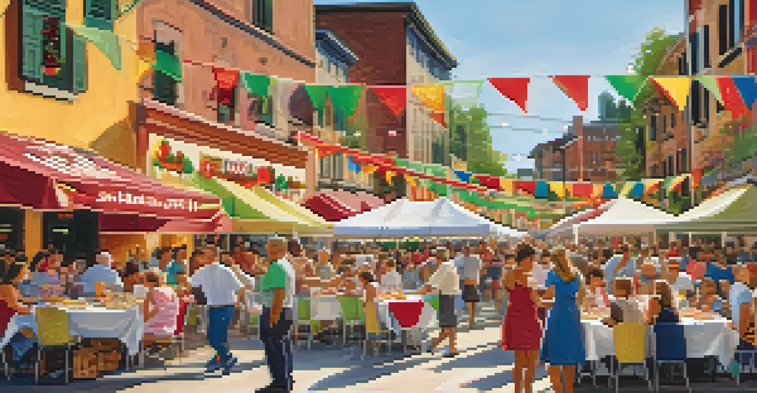 Families enjoying traditional Italian food at the Buffalo Italian Festival, with musicians playing in the background and colorful decorations.