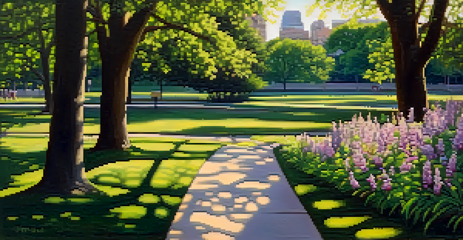 A close-up of a walking path surrounded by flowers and trees in a park.