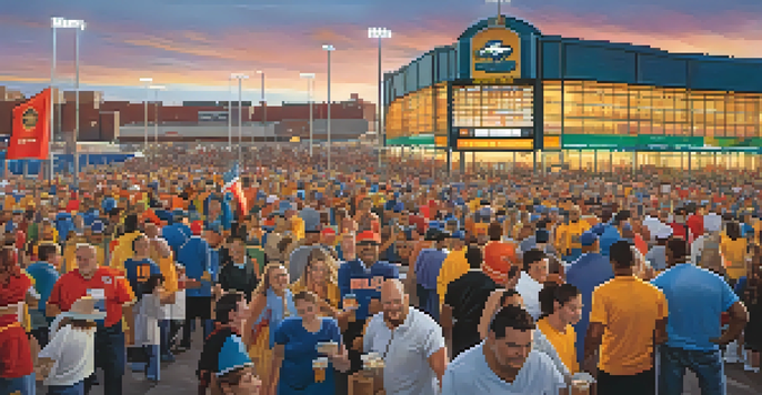A lively outdoor scene at a Buffalo sports stadium with fans in team jerseys, colorful banners, and food vendors, illuminated by a warm sunset.