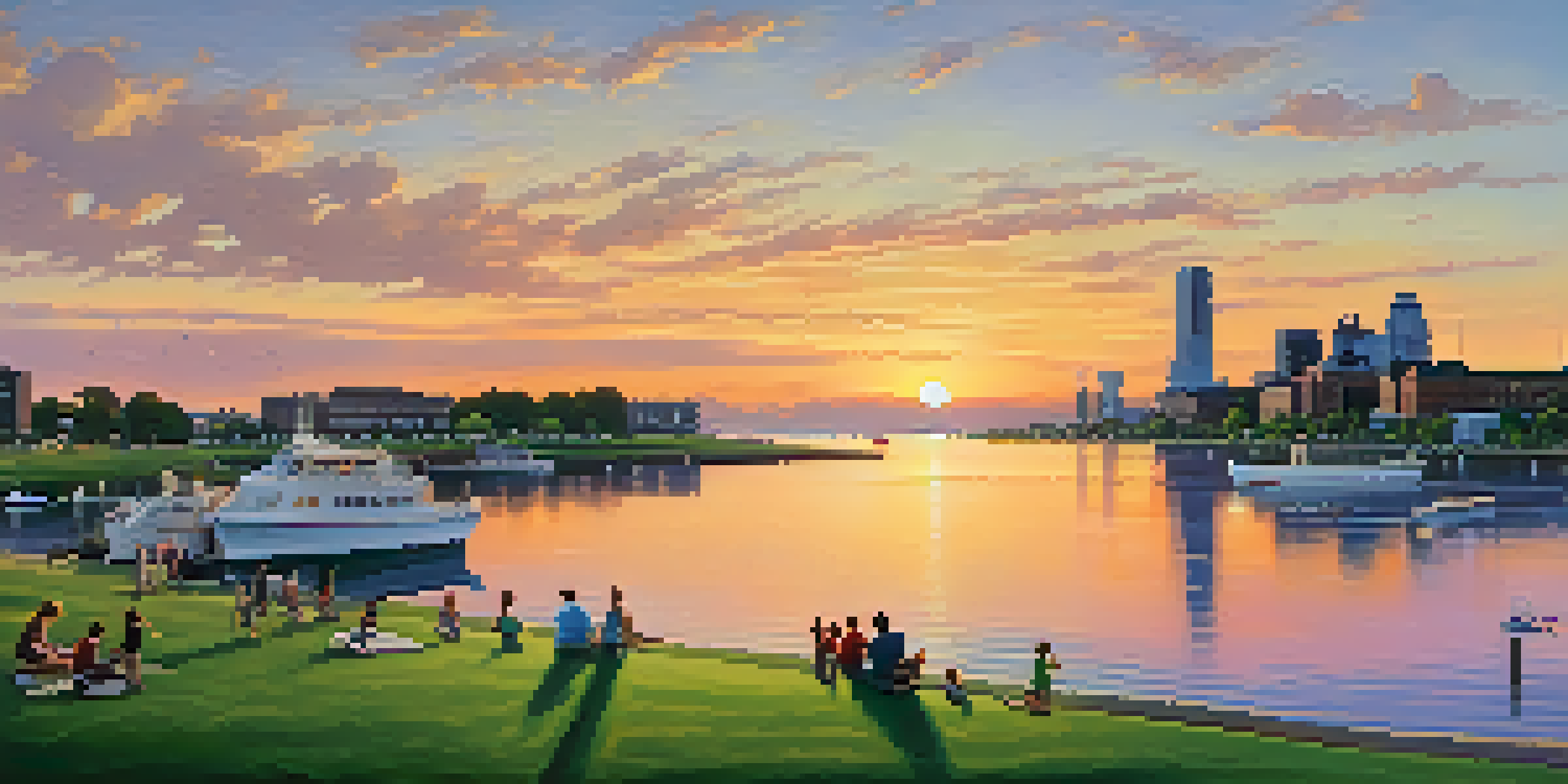 A scenic sunset view of Buffalo's waterfront with families picnicking and the city skyline in the background.
