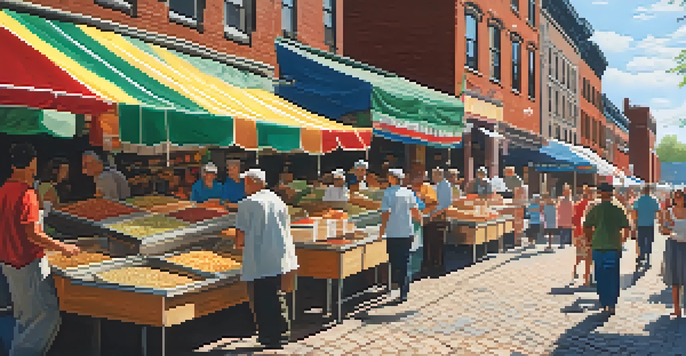 A vibrant street market in Buffalo with diverse food stalls and people enjoying various international cuisines under warm sunlight.