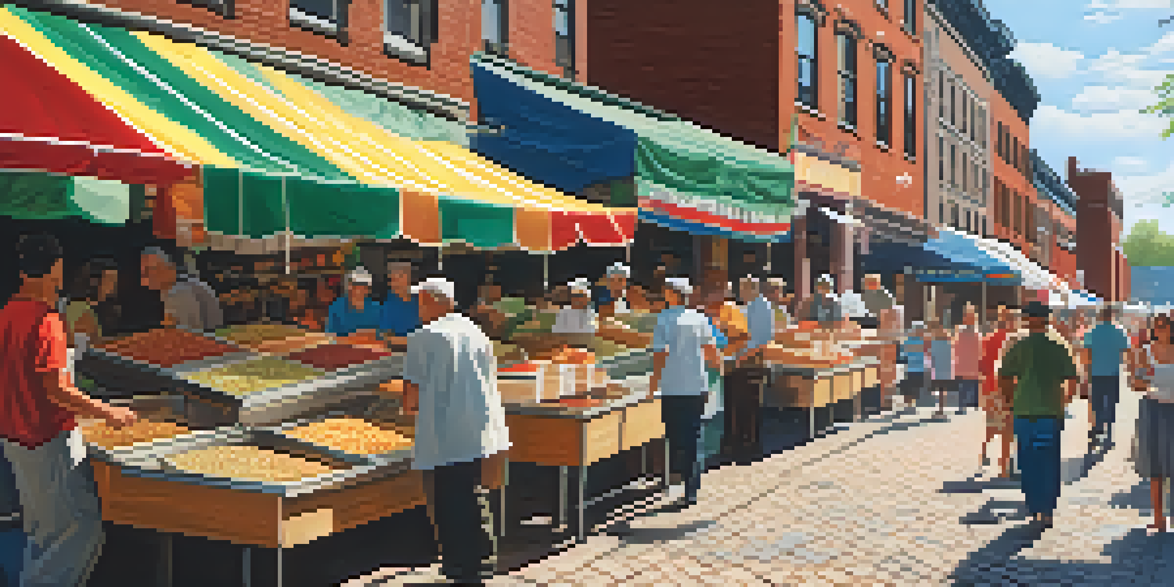 A vibrant street market in Buffalo with diverse food stalls and people enjoying various international cuisines under warm sunlight.