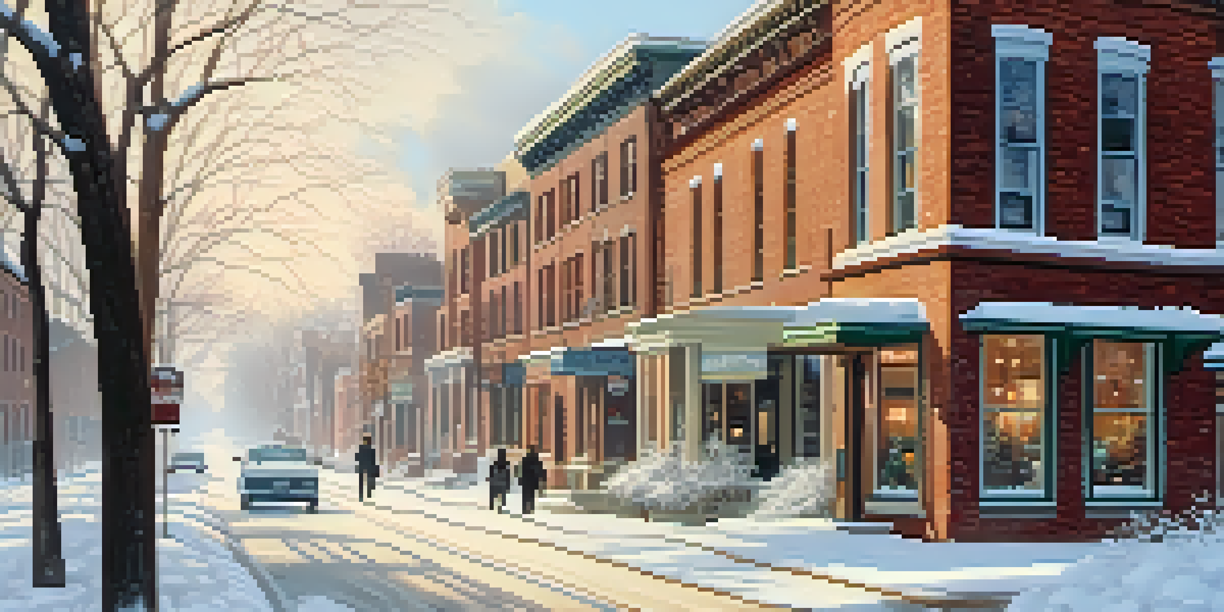A peaceful winter landscape in Buffalo with snow-covered streets and a couple walking in winter clothes.