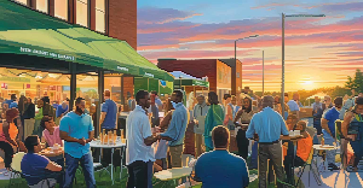 A lively outdoor networking event in Buffalo with freelancers conversing and colorful banners, illuminated by the warm glow of a setting sun.