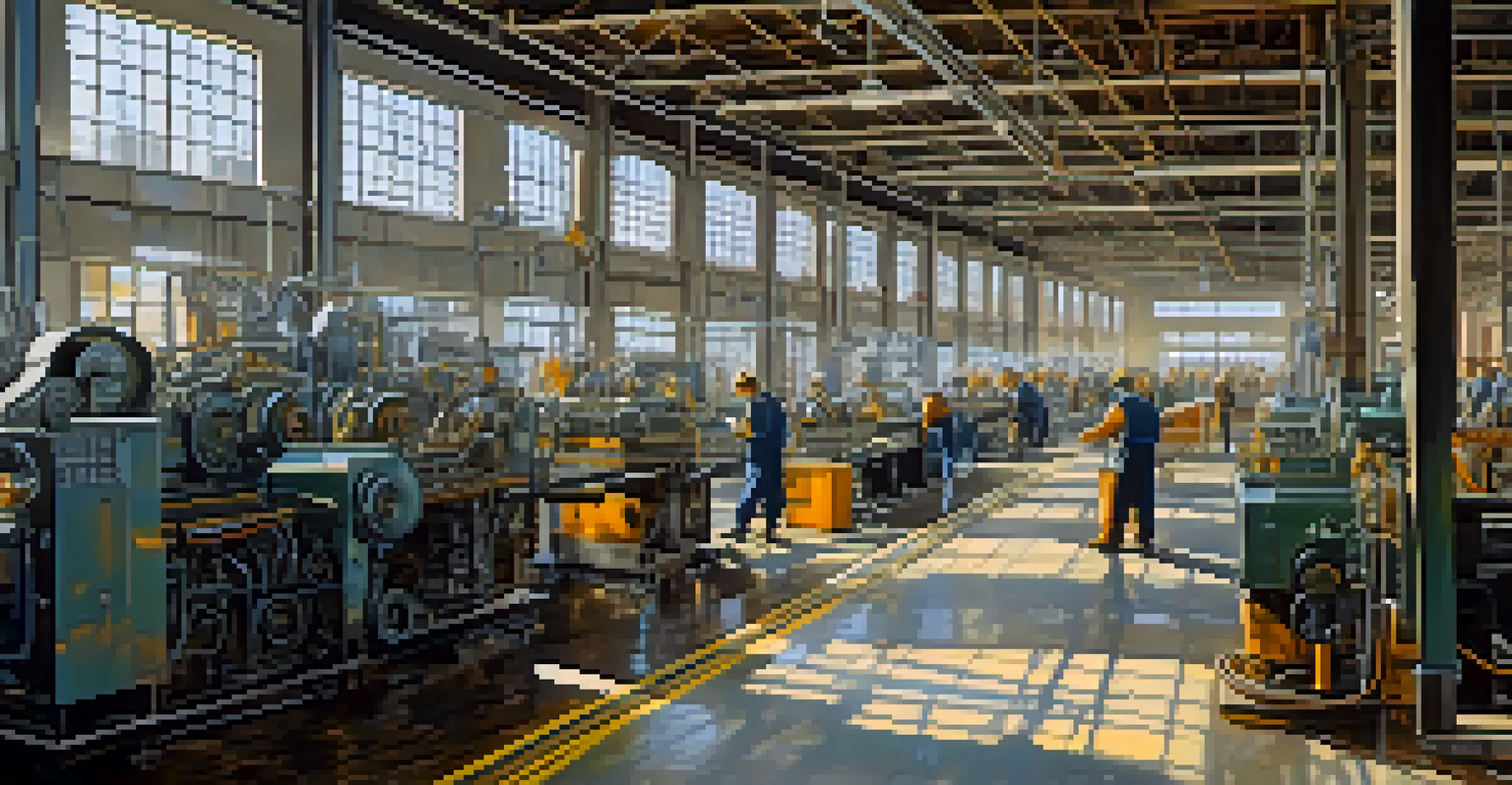 Close-up of workers in a manufacturing facility in Buffalo, with machinery and blueprints visible.