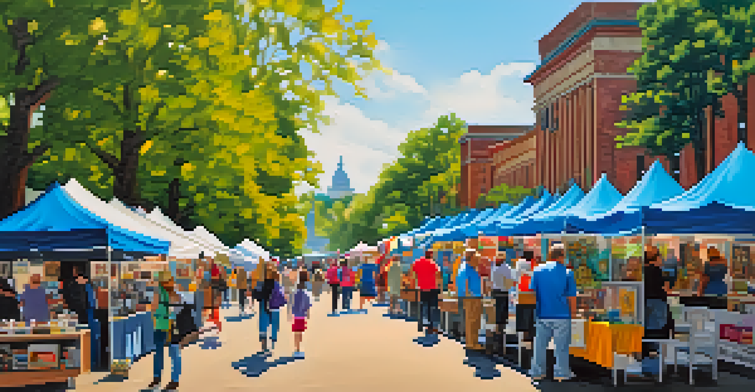 A lively outdoor art fair in Buffalo with colorful tents, people browsing handmade crafts, and trees in the background.