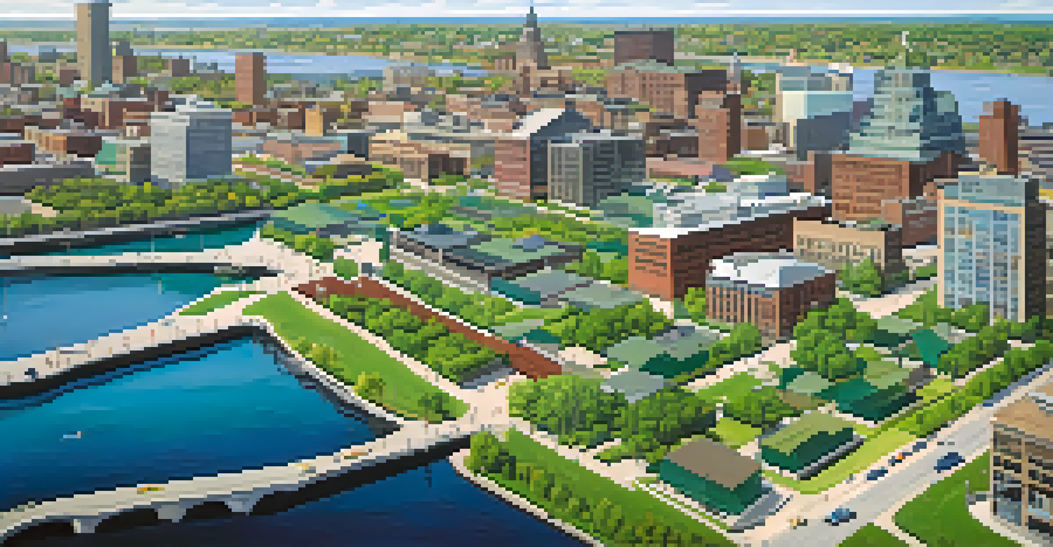 Aerial view of Buffalo’s waterfront featuring green infrastructure, community gardens, and permeable pavements.