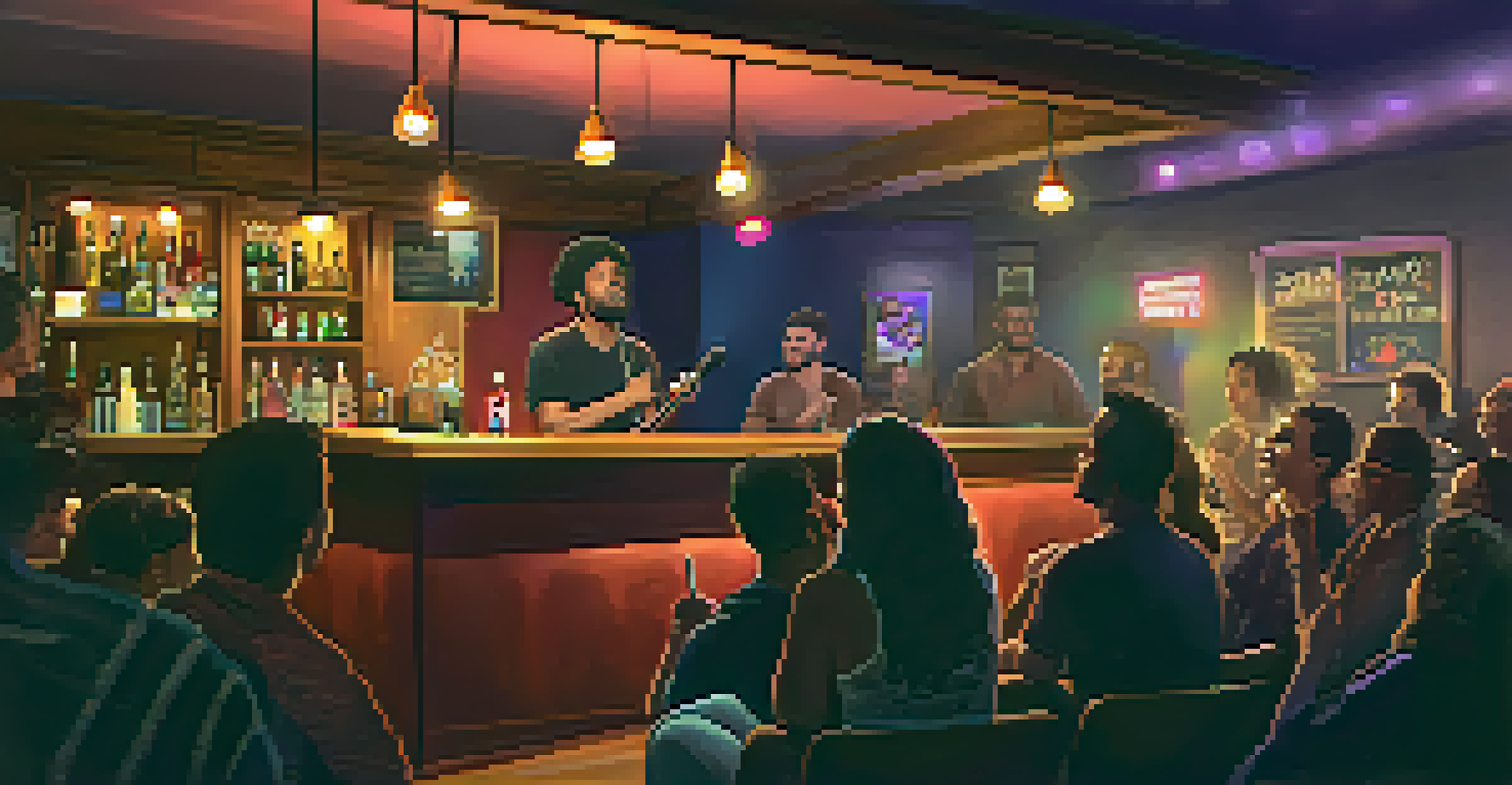 An intimate scene at an LGBTQ+ bar showcasing a performer on stage during an open mic night.