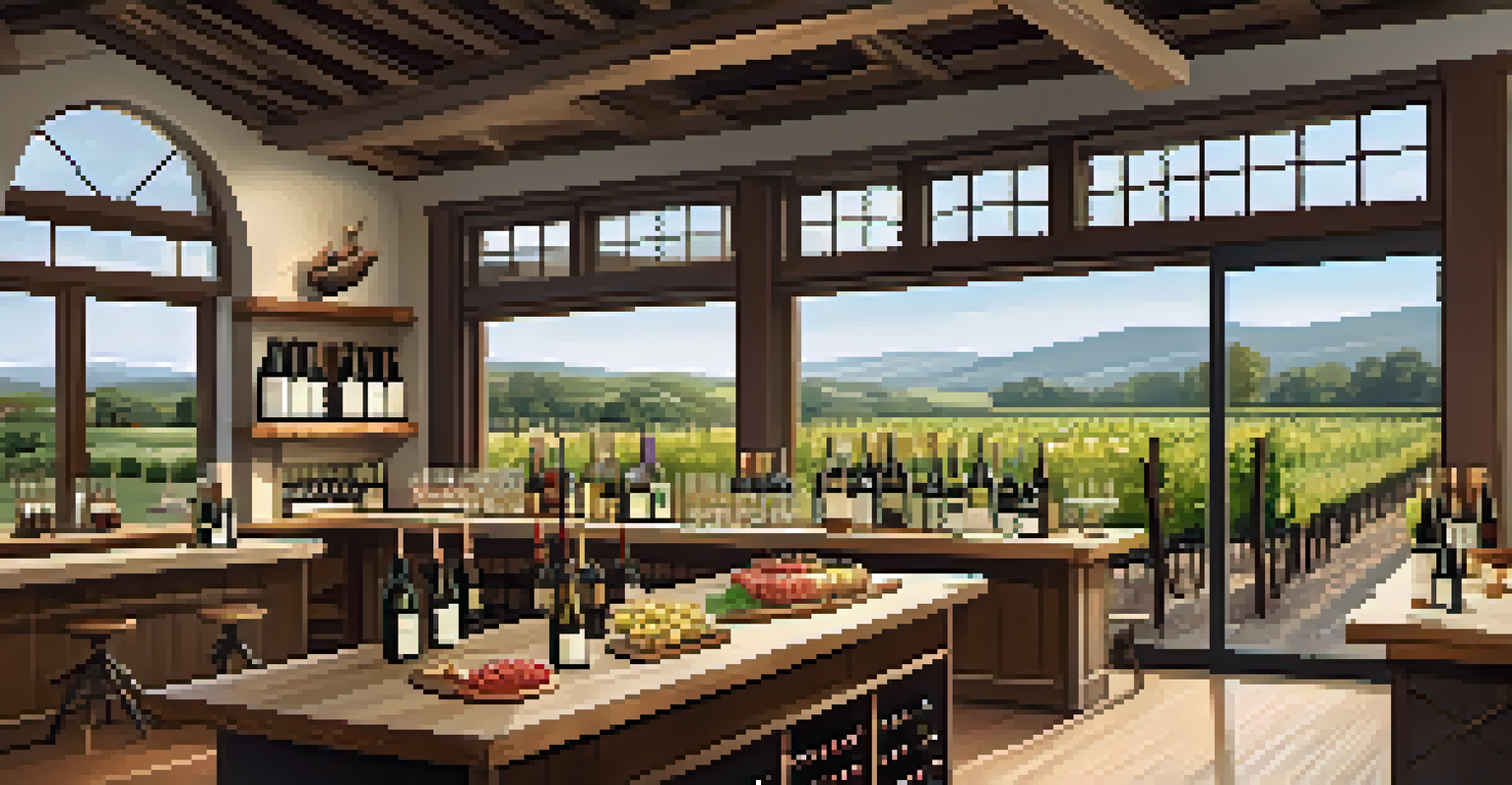 A cozy winery tasting room with a view of the vineyard, wooden decor, wine bottles on the bar, and a charcuterie board.