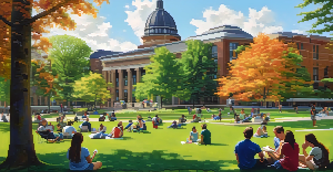 A sunny outdoor scene at the University at Buffalo with diverse students studying and socializing on the grass, surrounded by greenery and university buildings.