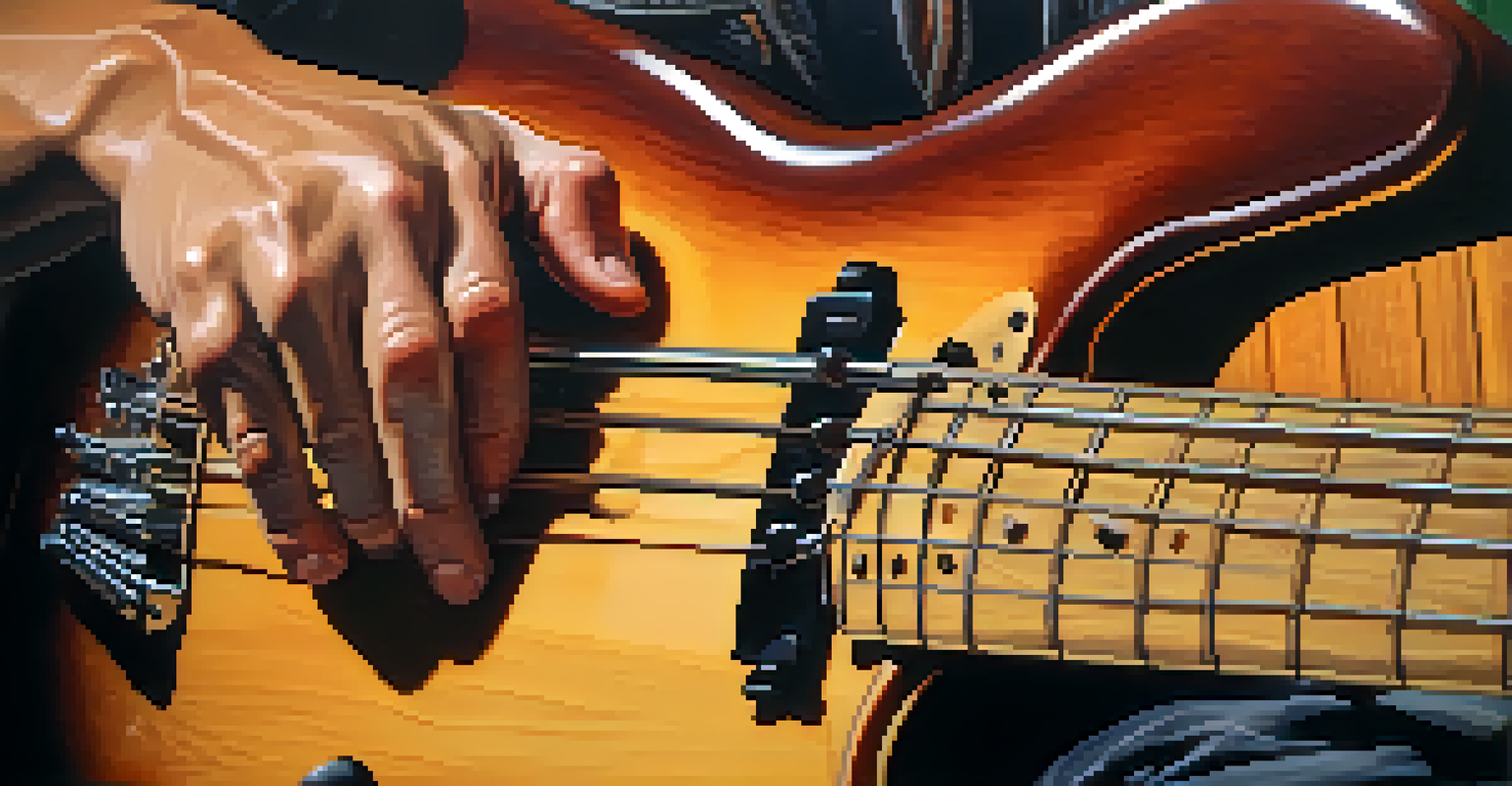 A close-up of a musician playing a bass guitar using slap techniques, with a blurred background and dramatic lighting.