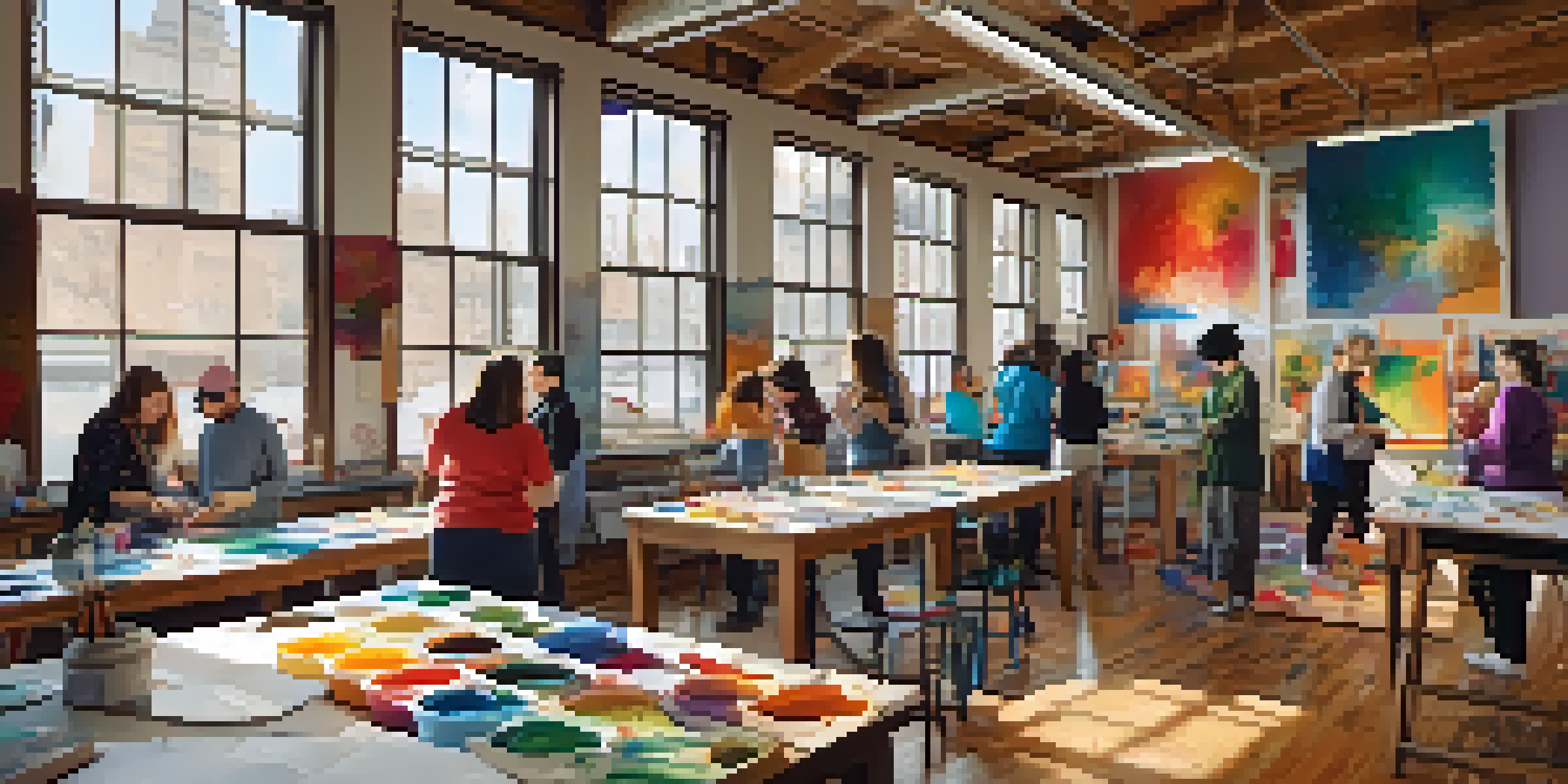 A diverse group of artists engaged in creative activities at Buffalo Arts Studio, surrounded by colorful art supplies and bright natural light.