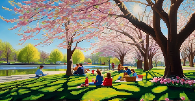 A family having a picnic under blooming cherry trees in a colorful park during spring.