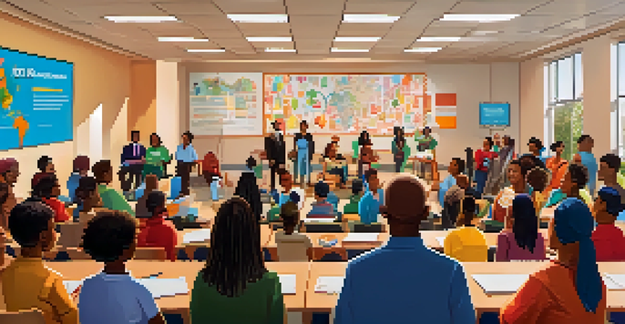 A group of diverse educational leaders in a town hall meeting, engaging with parents and community members in a school auditorium.