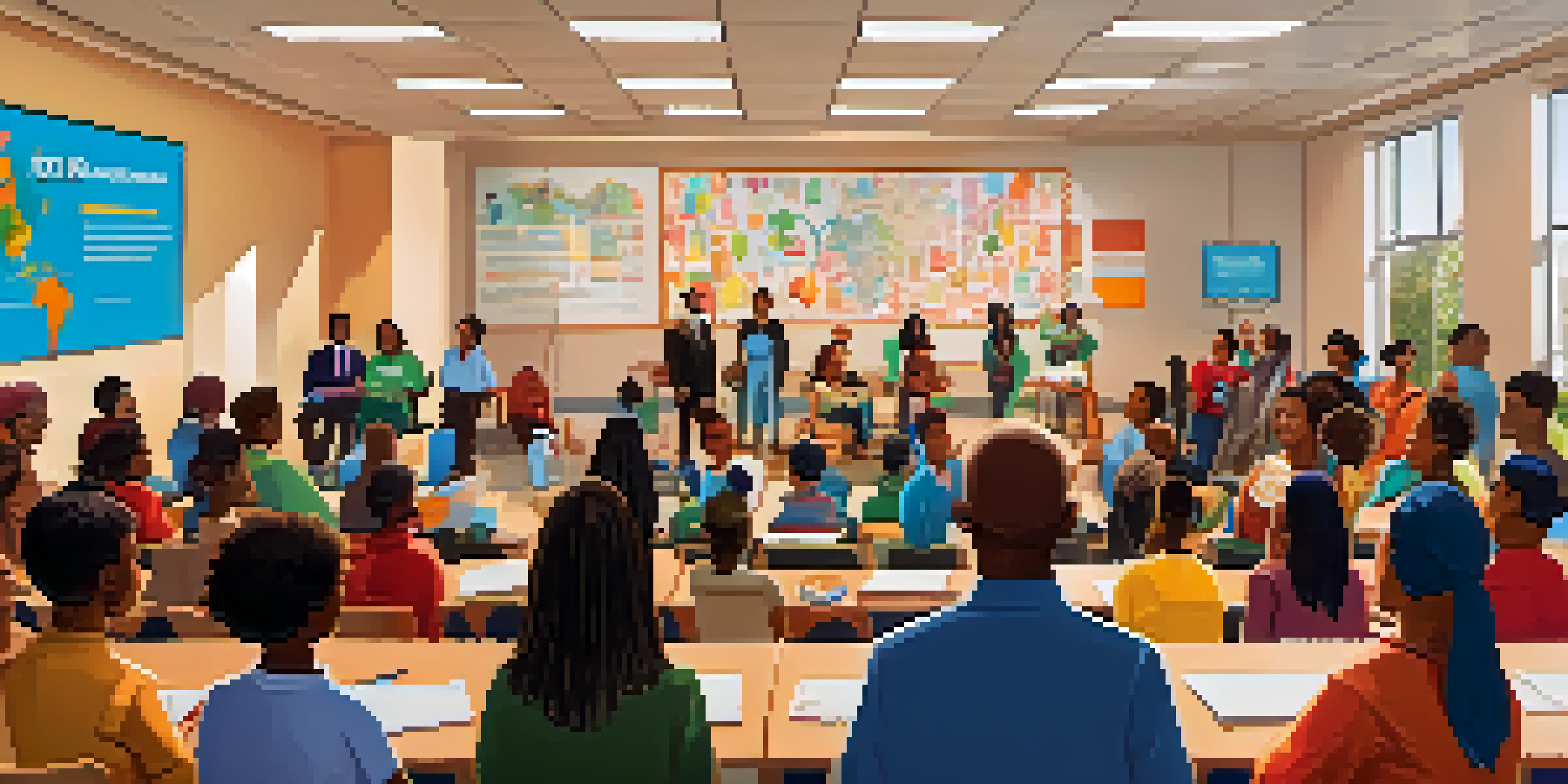 A group of diverse educational leaders in a town hall meeting, engaging with parents and community members in a school auditorium.