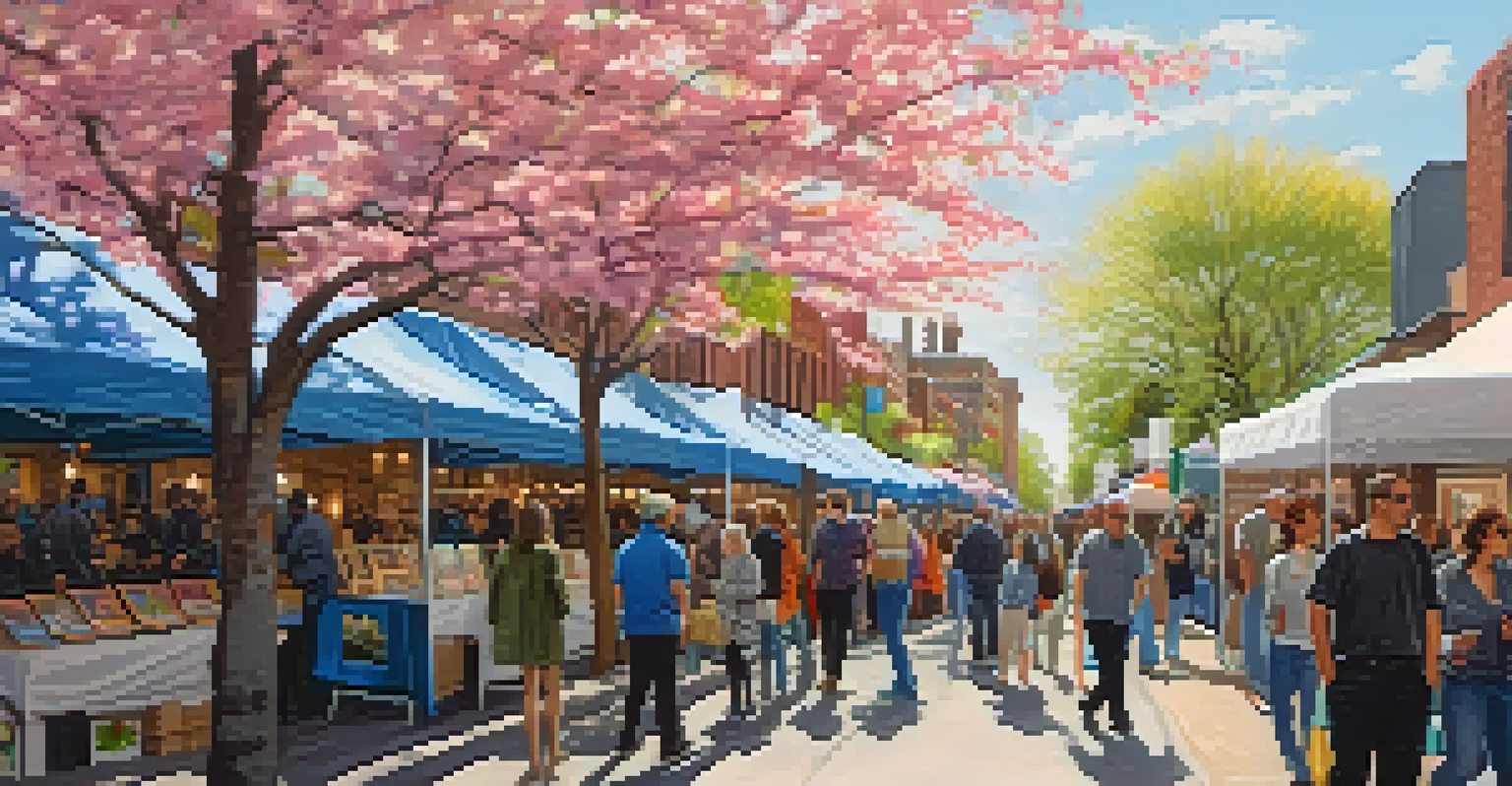 A panoramic view of a spring art fair in Buffalo with local artists displaying their work, surrounded by blooming trees and community members enjoying the event.